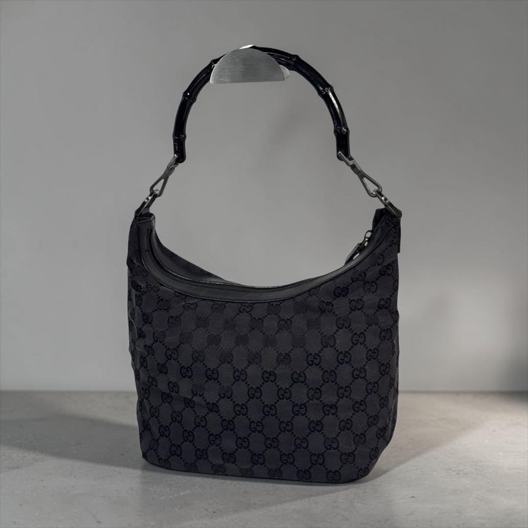 GUCCI Bamboo Tom Ford Hobo Shoulder Bag Black GG Canvas Leather Italy Vintage