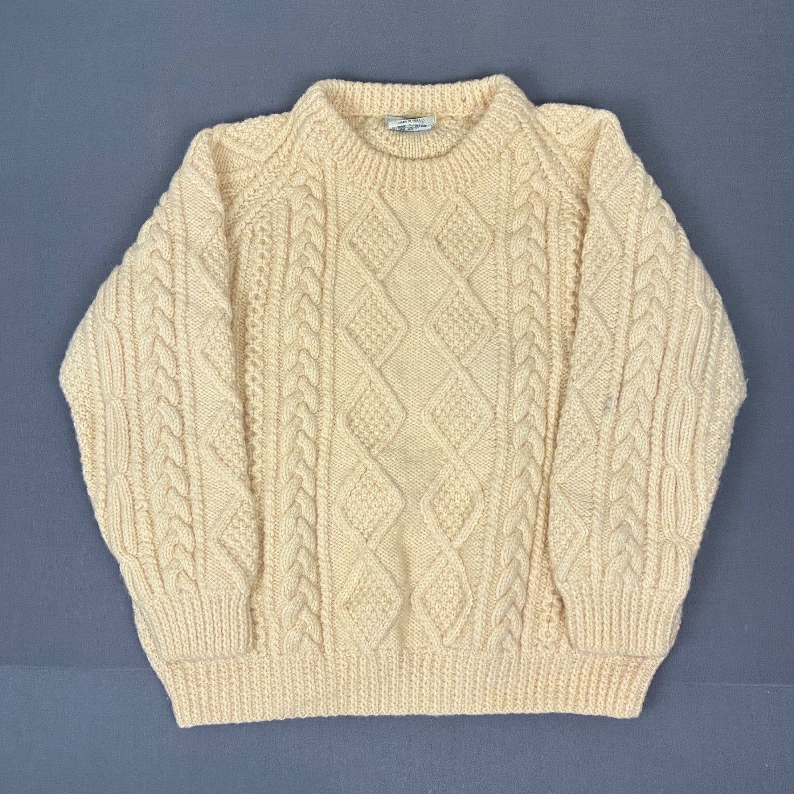 VTG Ireland Wool Cream Hand Knit Fisherman Sweater Mens Large Donegal Collection