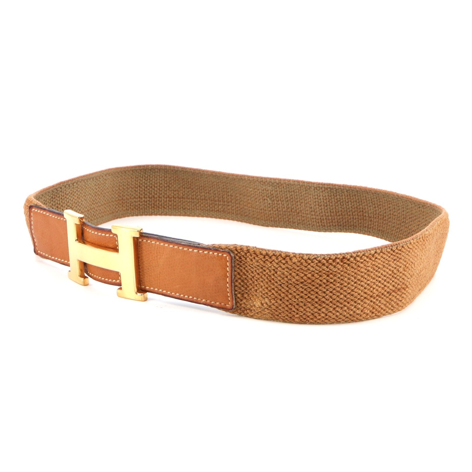 [Pre-owned] Hermes Vintage H Buckle Elastic & Leather Belt Brown Gold Canvas