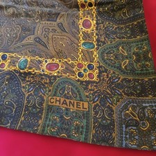 Chanel Vintage WOOL SILK Blue Red Emerald Gold CHAIN JEWEL PRINT  SCARF Rare