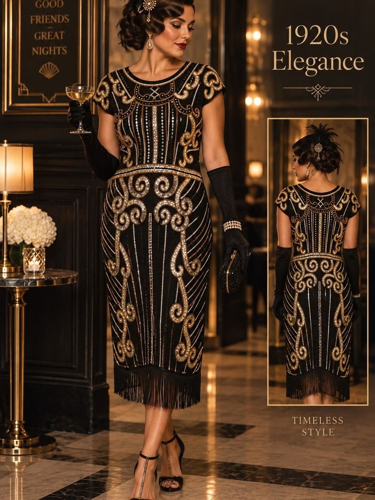 Black & Gold Art Deco Beaded Flapper Dress - Vintage 1920s Style