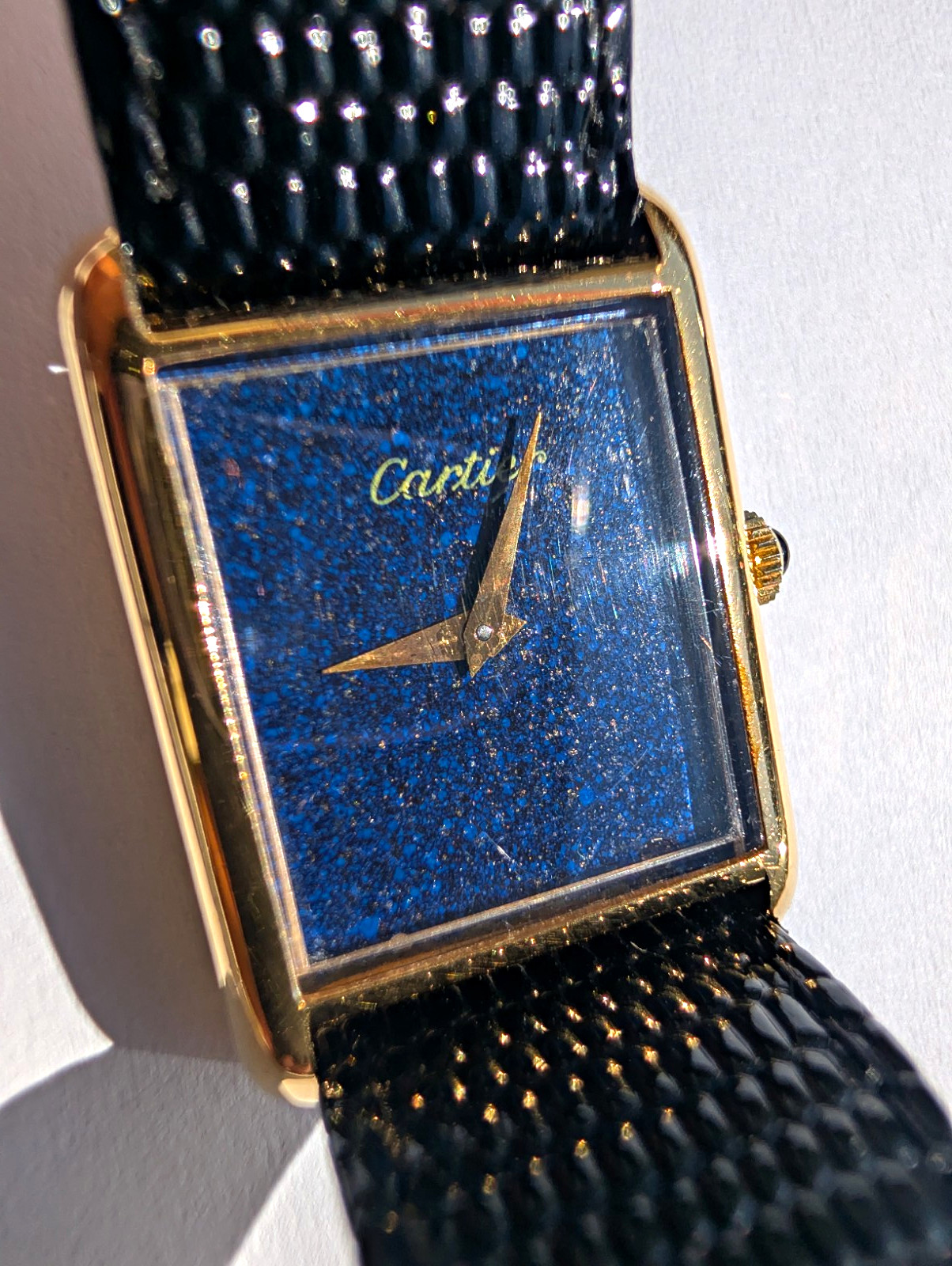 Cartier Tank Vintage Blue Dial Gold Plated Manual Watch Black Leather Strap