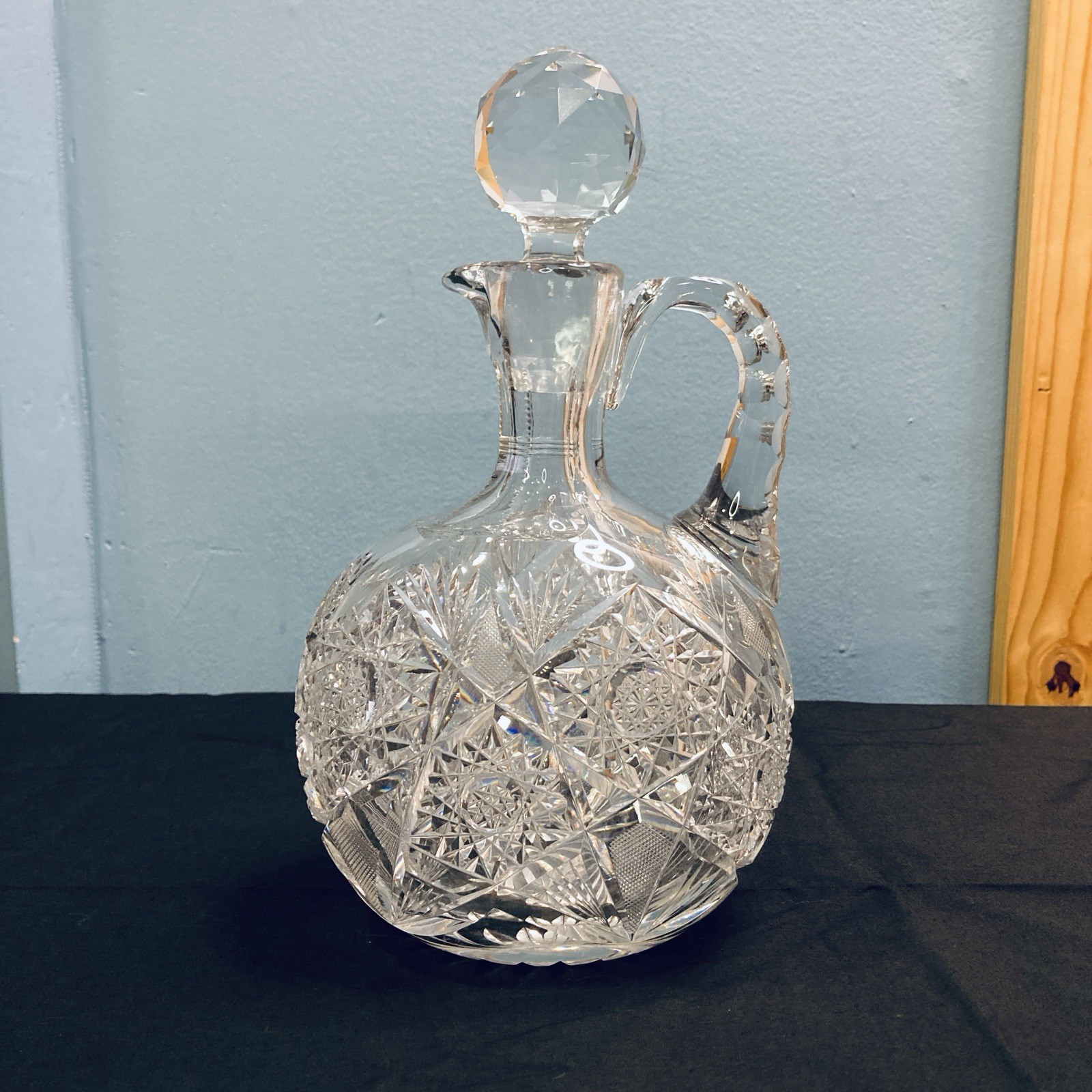Vintage Cut Glass Decanter W/ Stopper, 9.5”, Hobstar & Fan