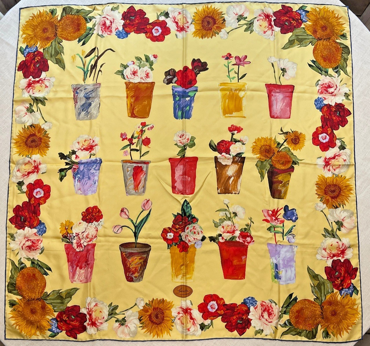 Vintage GUCCI Floral Garden Pots Yellow Silk Scarf