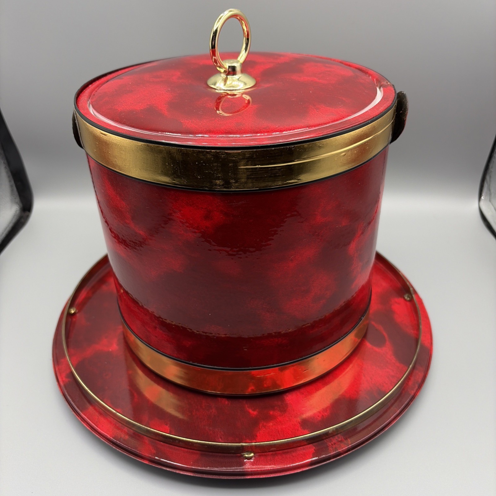 60's Vintage Mid Century Modern Ruby Red Patent Lacquered Ice Bucket on Pedestal
