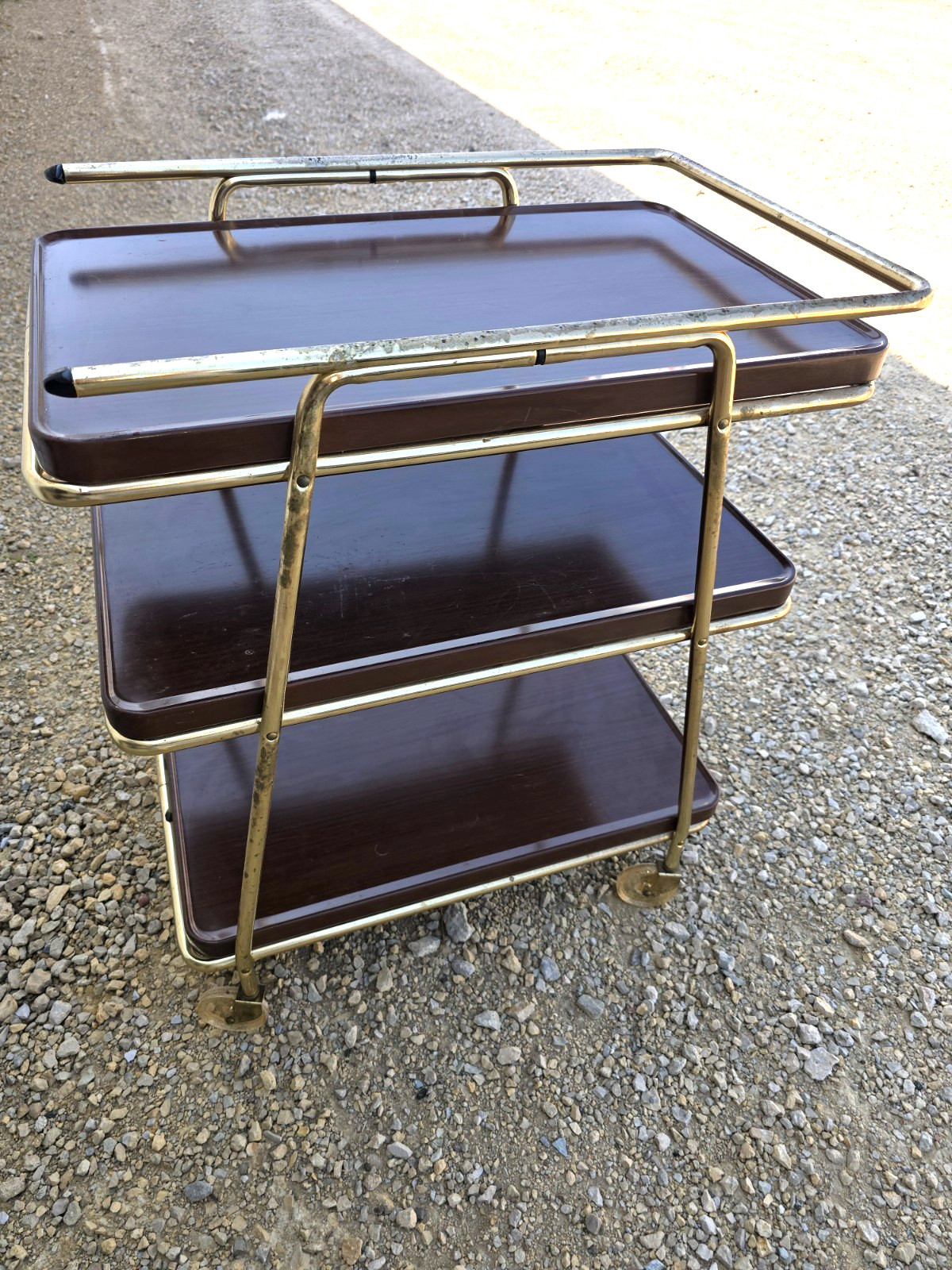 Vintage MID CENTURY COSCO 3 TIER BAR SERVING CART WOOD GRAIN AND GOLD Decor
