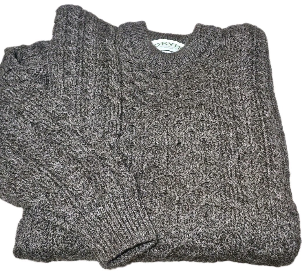 Vintage Orvis Fisherman Sweater Brown Heather Cable Knit 100% Irish Wool Medium 