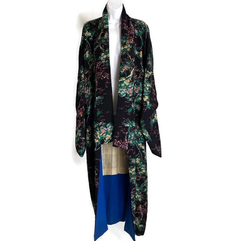VTG Japanese Silk Kimono Robe Women Floral Lined Dress Full Length Hand Stitched