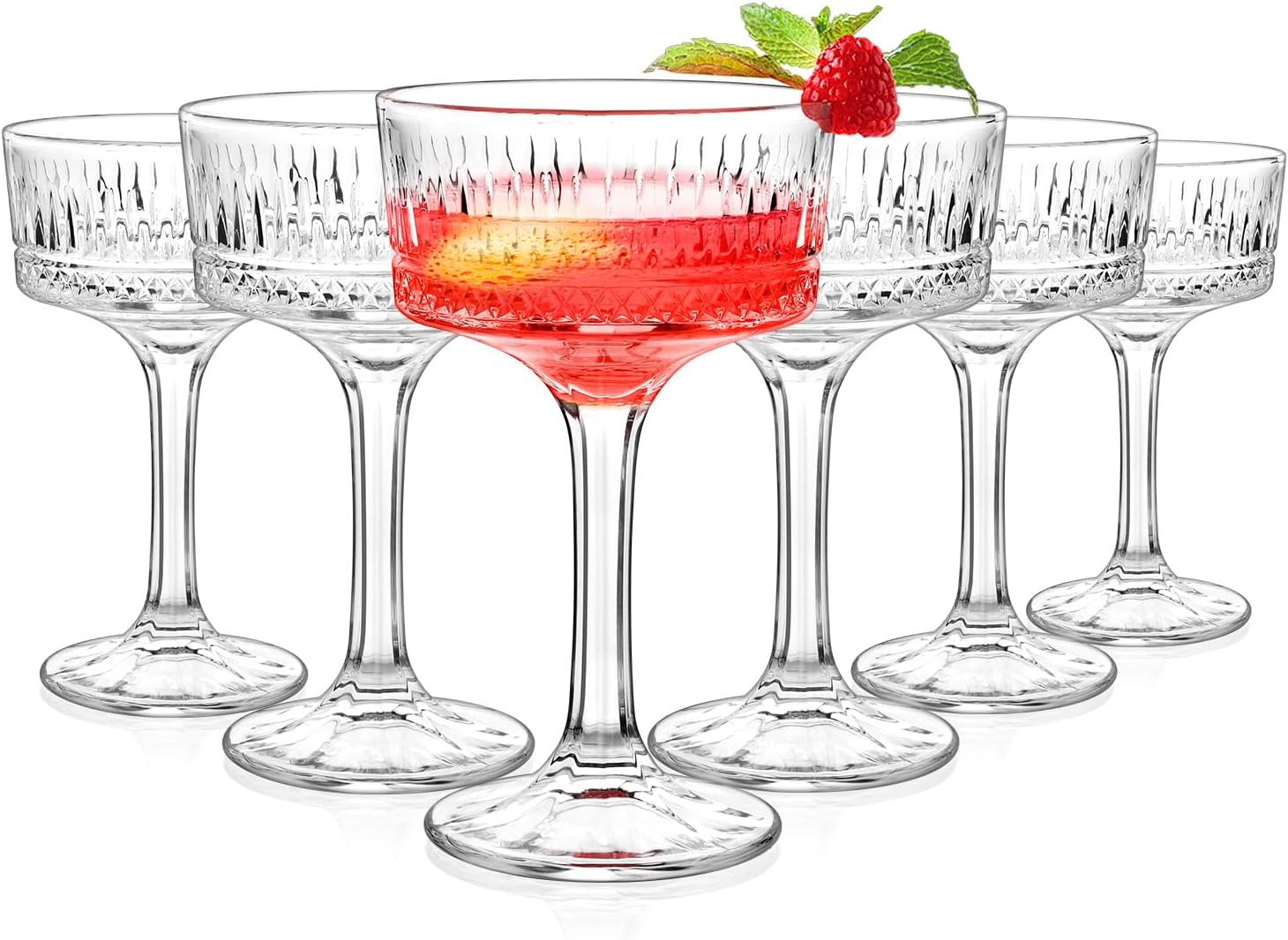 Coupe Glasses Set Of 6,Hand-blow10 Oz Vintage Cocktail Glasses,Ribbed Martini Gl