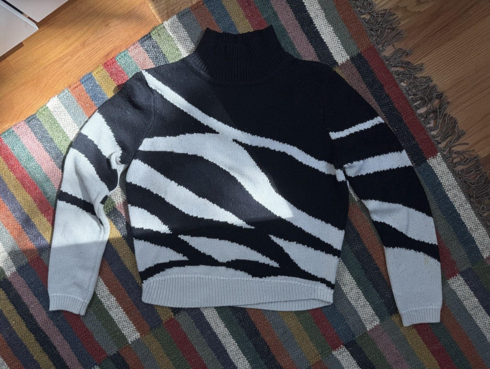 Vintage Black White Turtleneck Sweater with Unique Design S