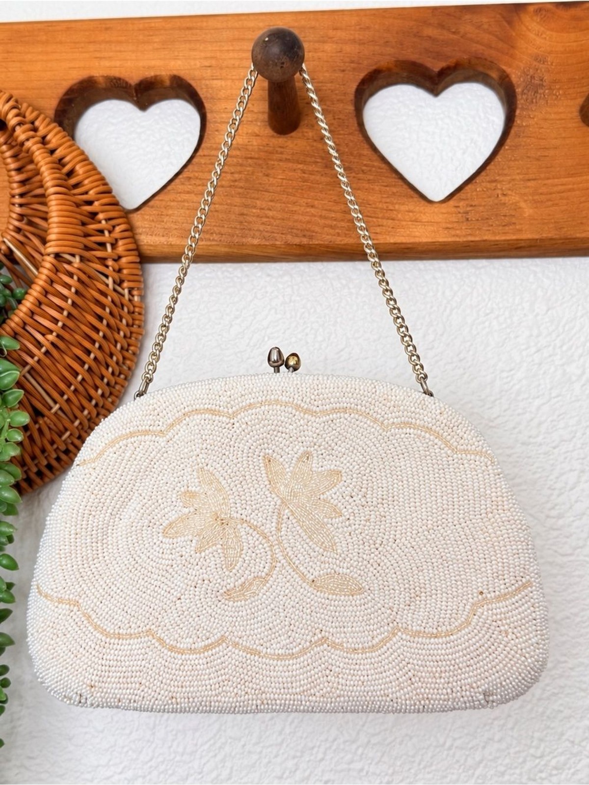 1960 Vintage Penneys Beaded Purse Made in Japan Ivory Floral Evening Clutch Bag