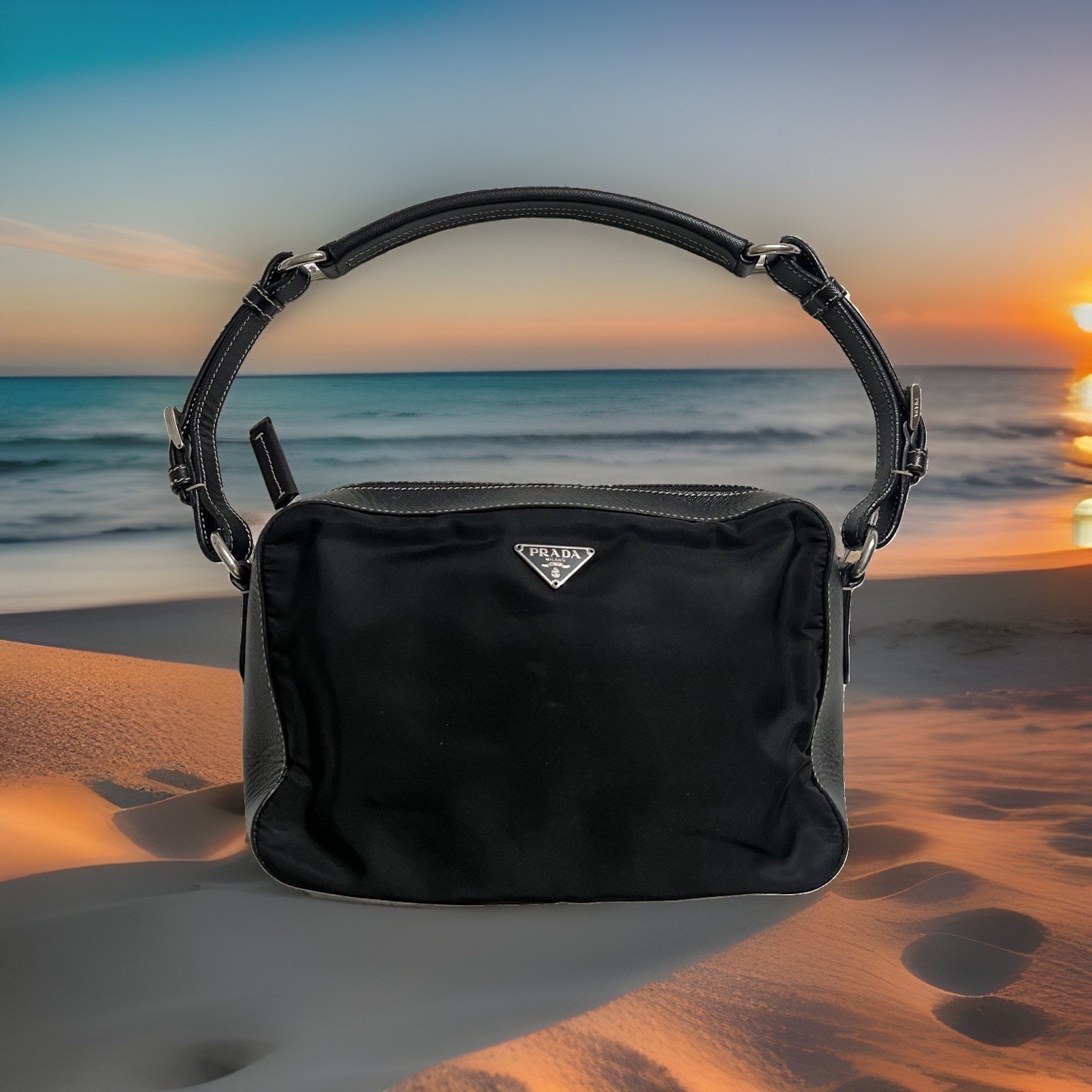PRADA Black Nylon Saffiano Leather Classic Bag EUC