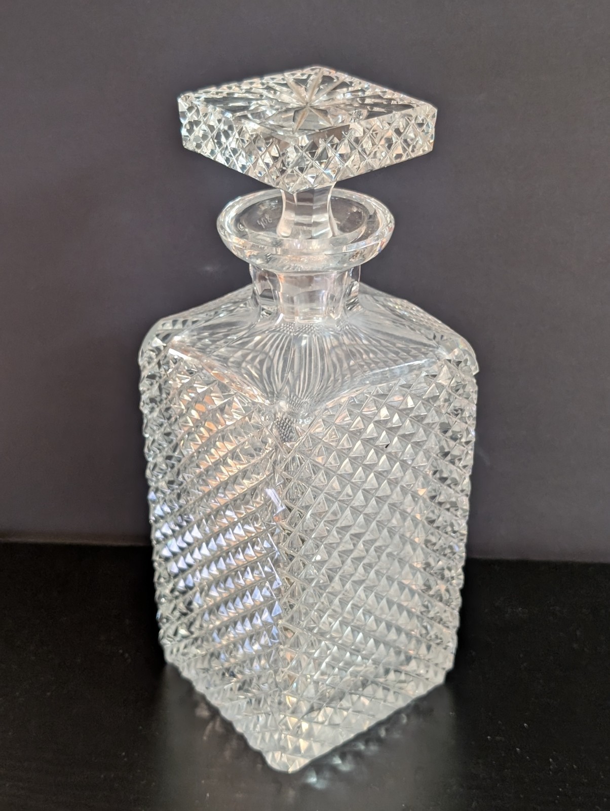 Vtg Diamond Cut Crystal Glass Rectangle Glass Liqueur Decanter Carafe 9.5" Tall