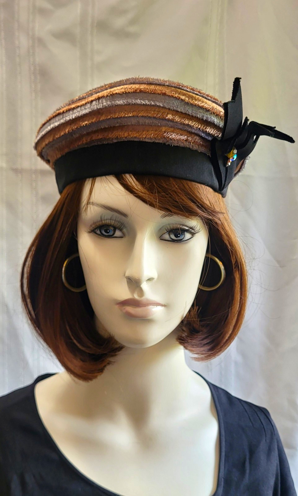 Vtg 1950s CHANDA Swirl Beret Hat | Metallic Stripe, Black Bow, Rhinestone Bee