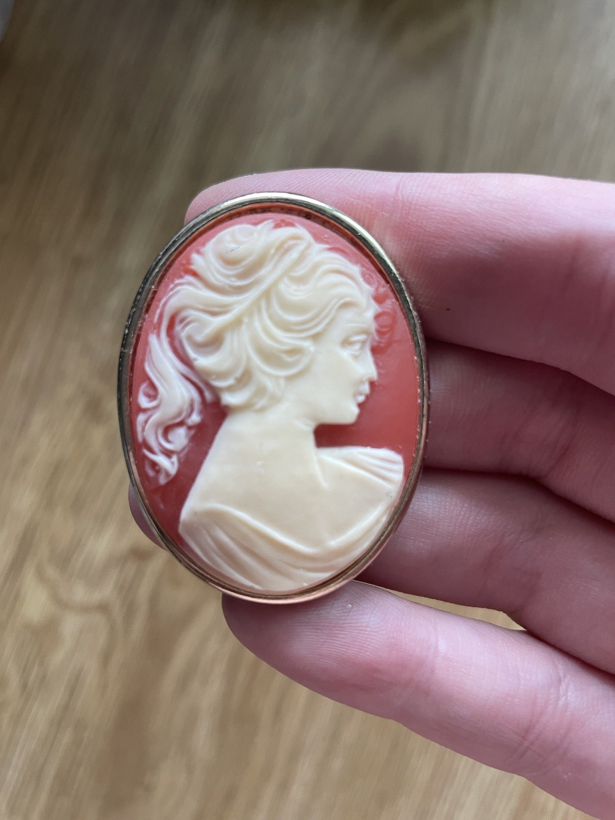 Vintage Shell Cameo Brooch Pin Red Orange Oval Carved Lady Profile