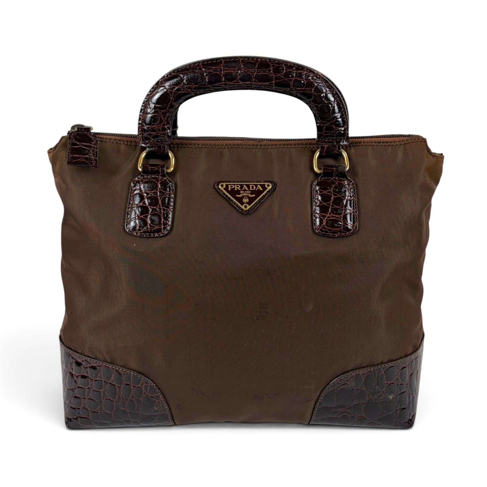 Vintage Prada Nylon Tessuto Bag. Nylon exterior with crocodile embossed handles