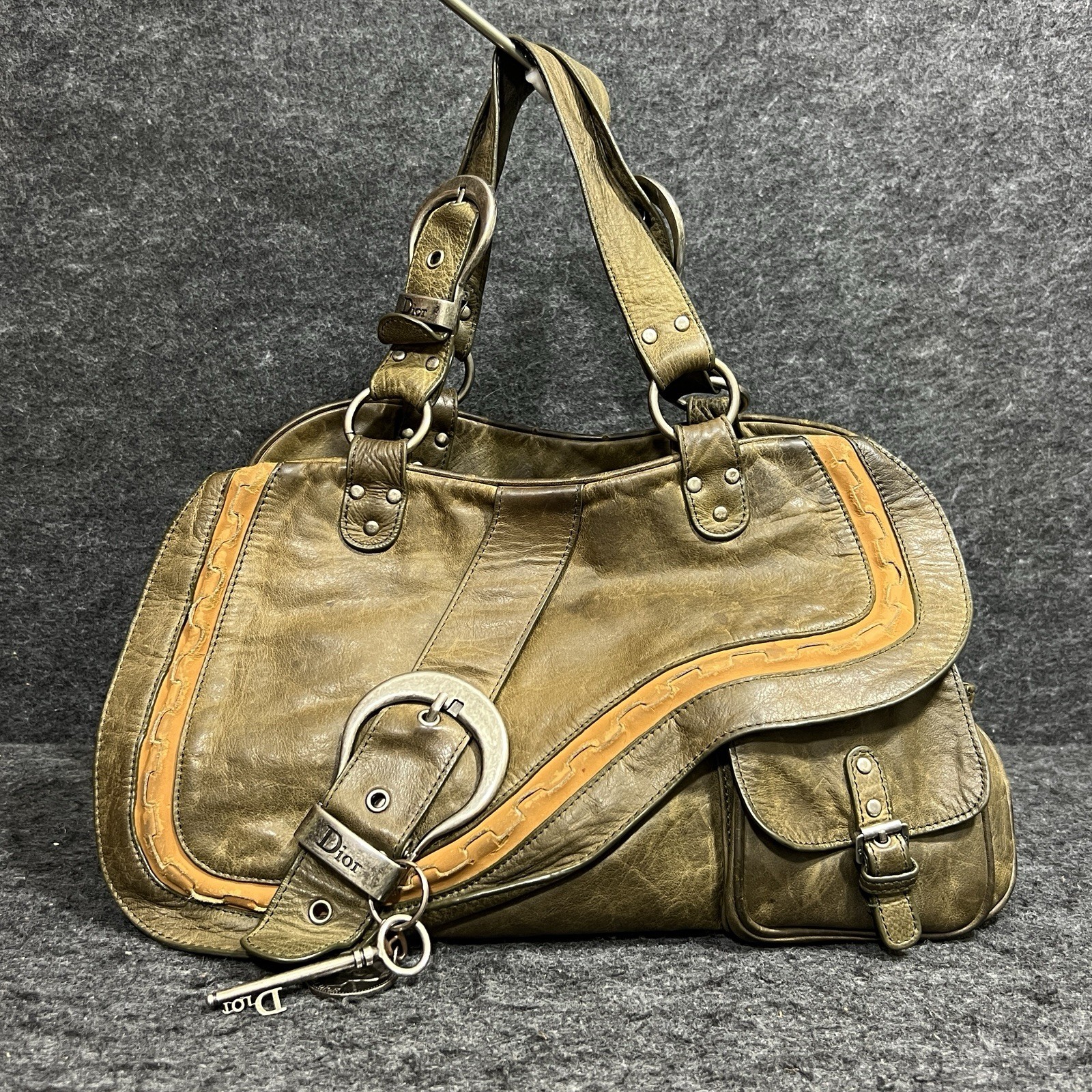 Vintage Christian Dior Gaucho Saddle Bag Green RARE W/pocket Coin and Key charm