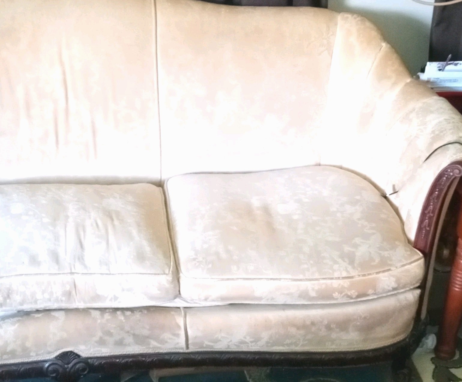 1940s ArtDeco "Mahogany wood sofa features a trad damask pattern Fuchsia carved