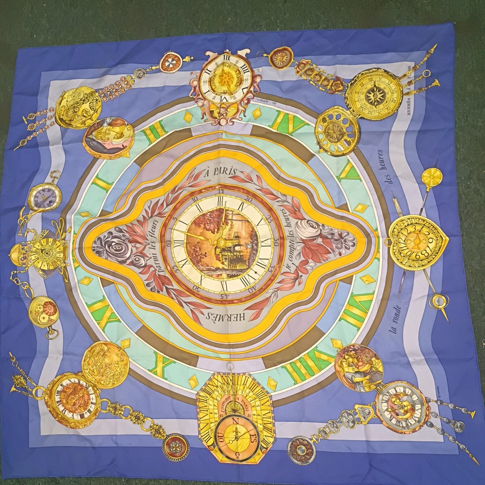 RARE VINTAGE HERMES Silk Scarf "parmi les fleurs je compte les heures" Carre 90