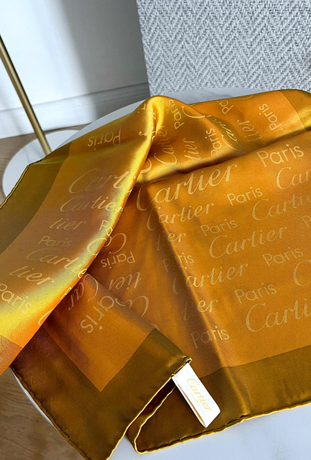 Cartier Vintage Silk Scarf Gold Iridescent Chameleon Print Made in Italy 100% Si