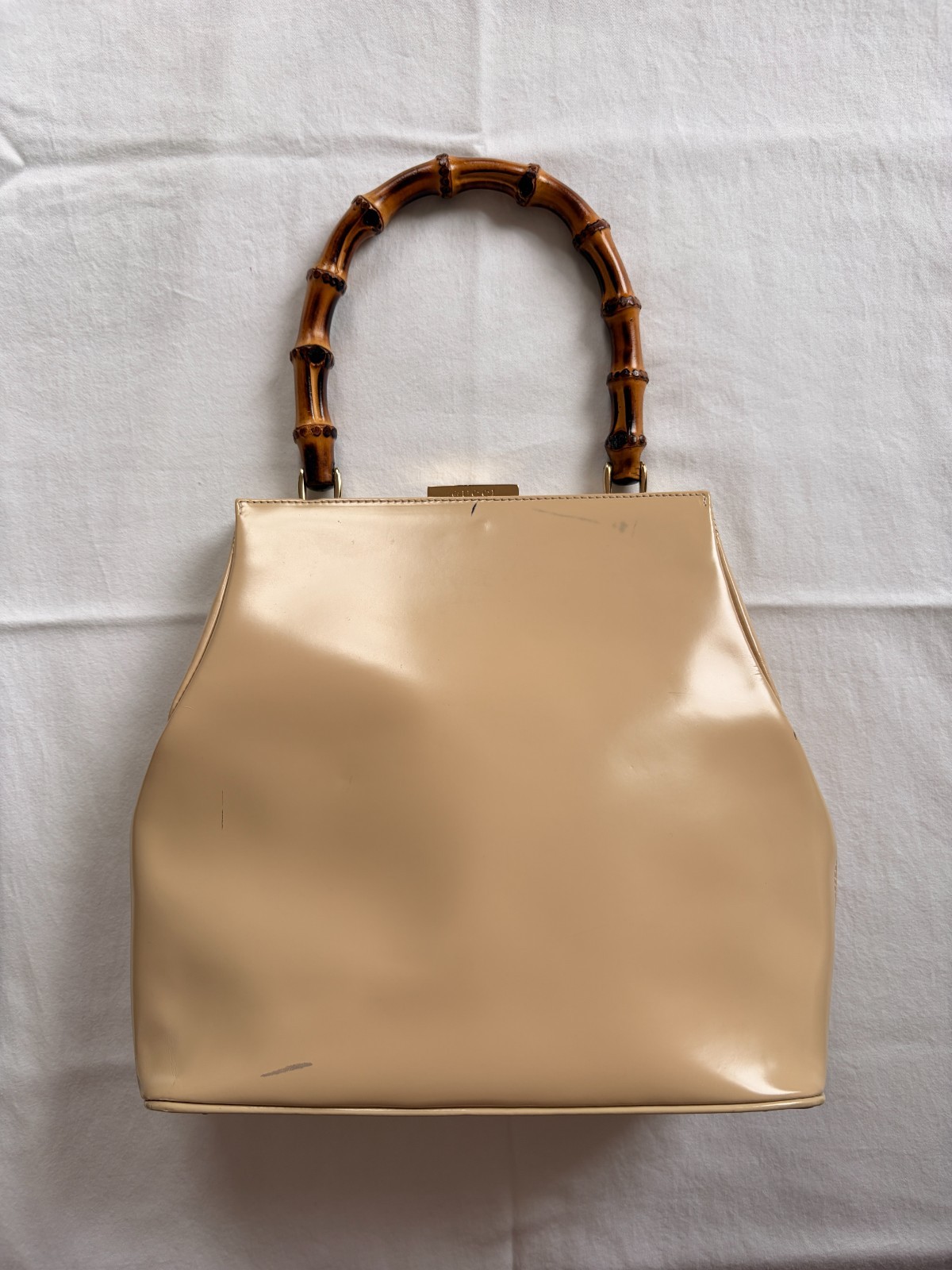 Vintage Gucci Bamboo Handle Leather Top Handle Frame Bag Beige Italy