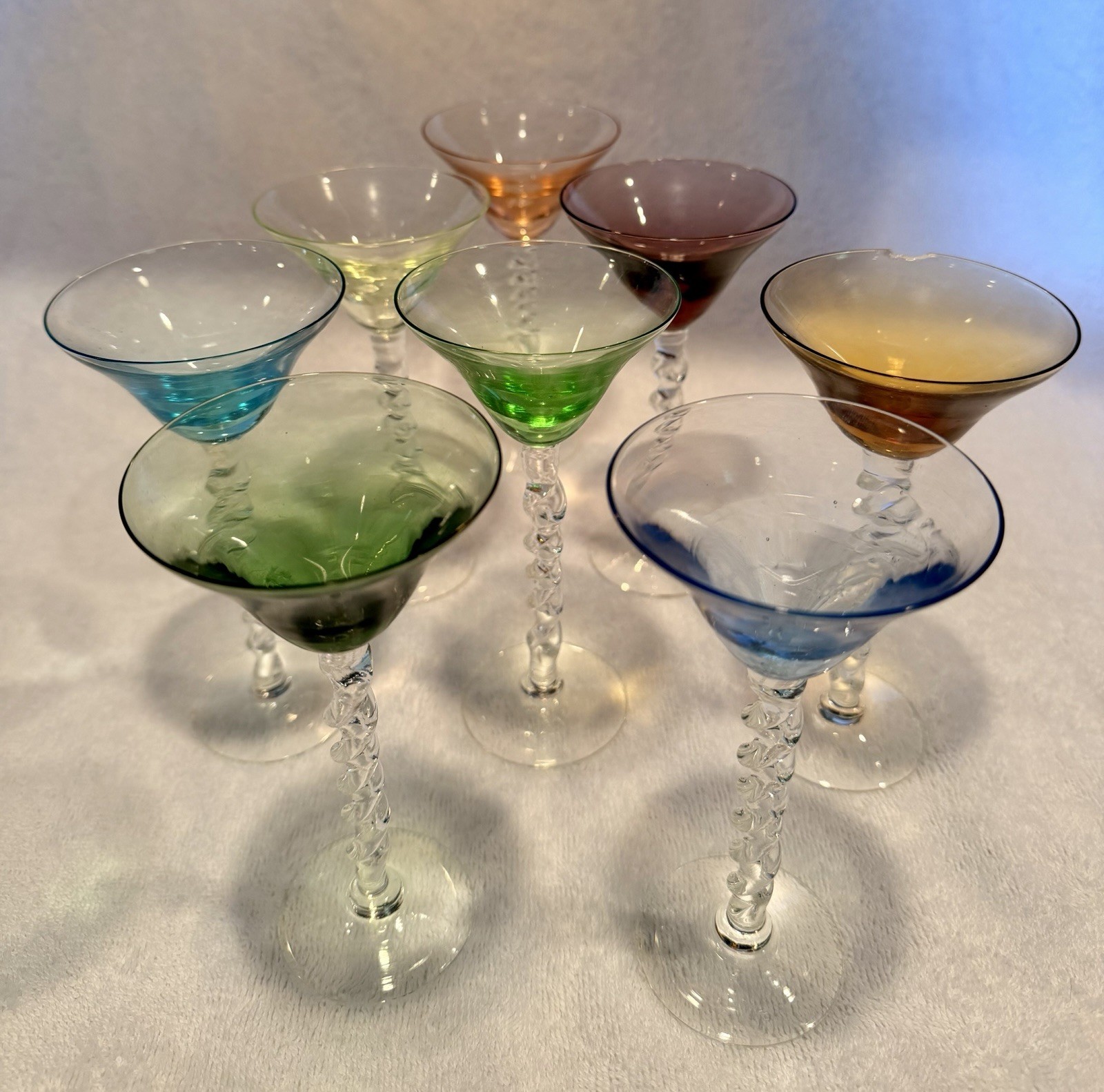 Mid-Century Multicolor Twisted Stem Cocktail Glasses