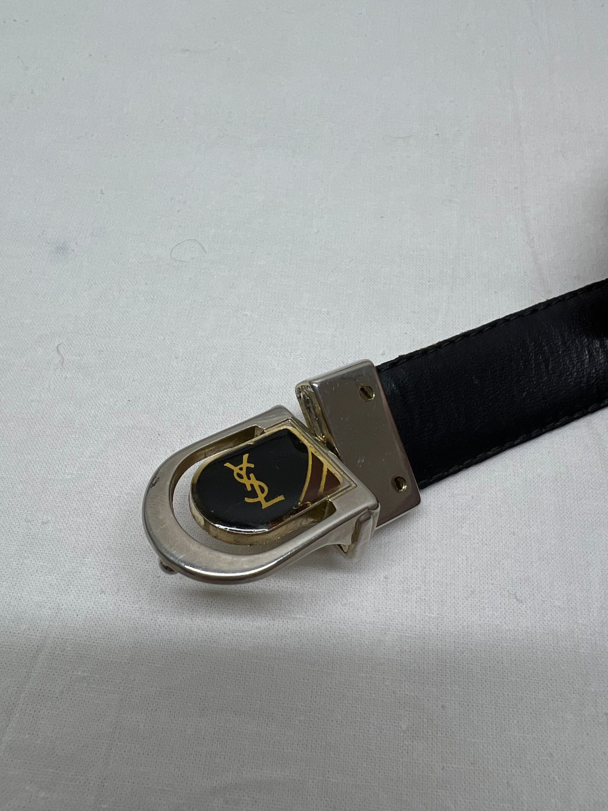Vintage Yves Saint Laurent YSL Reversible Leather Belt Brown Black Buckle Logo⁠