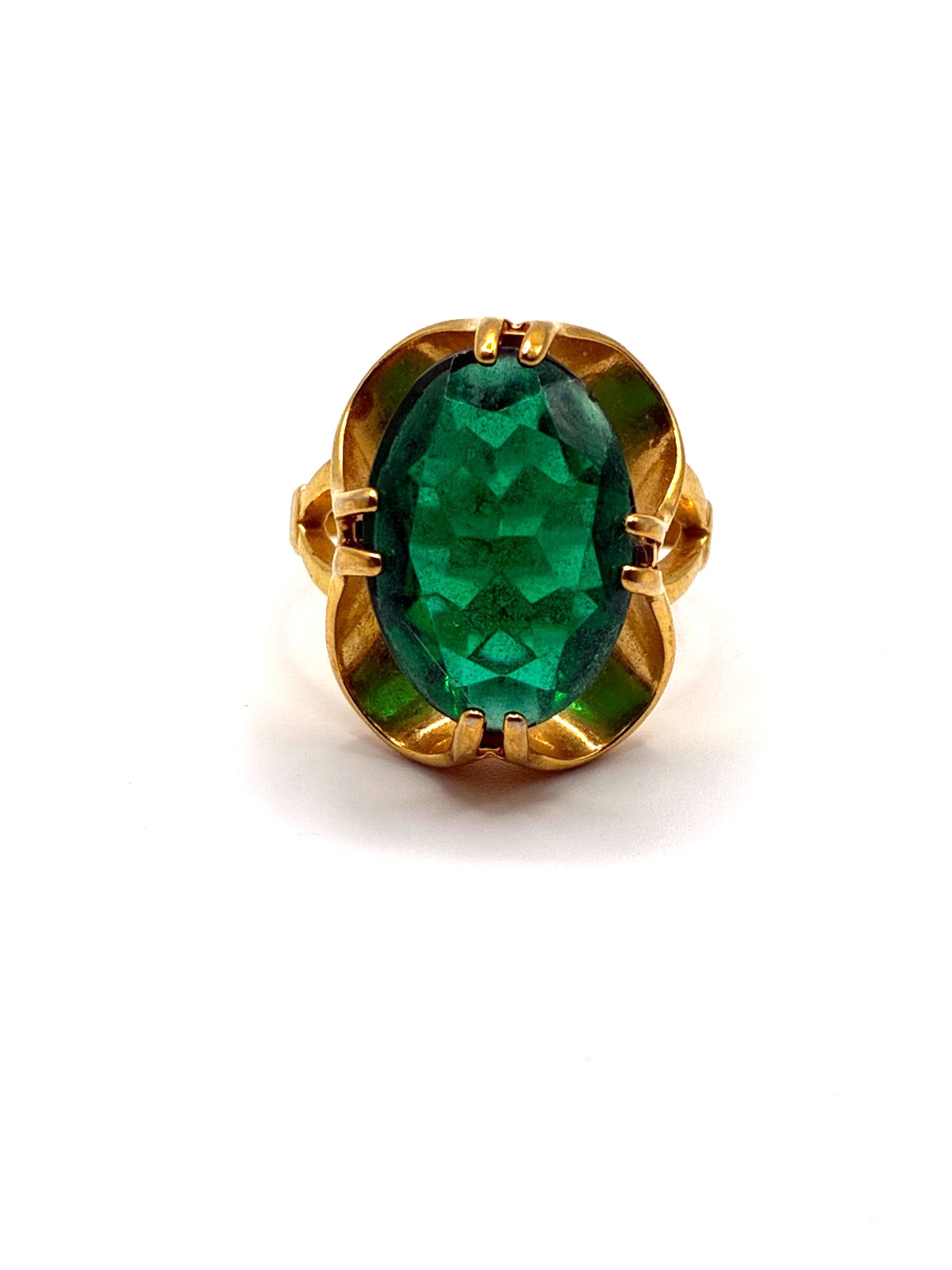Vintage 14KT HGE Green Oval Stone Cocktail Ring Size 8 6g Gold Tone