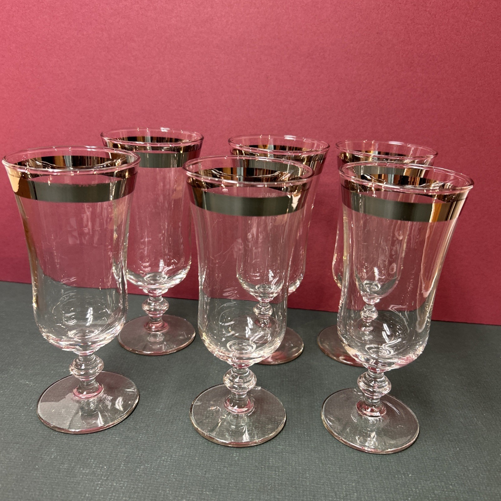 Set of 6 Vintage Platinum Silver Band Cocktail Parfait Footed Glasses 6.5" MCM 