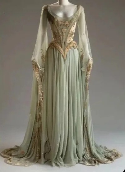 Flare Sleeves Long Evening Dress Vintage Victorian Sage Chiffon Gold Appliques