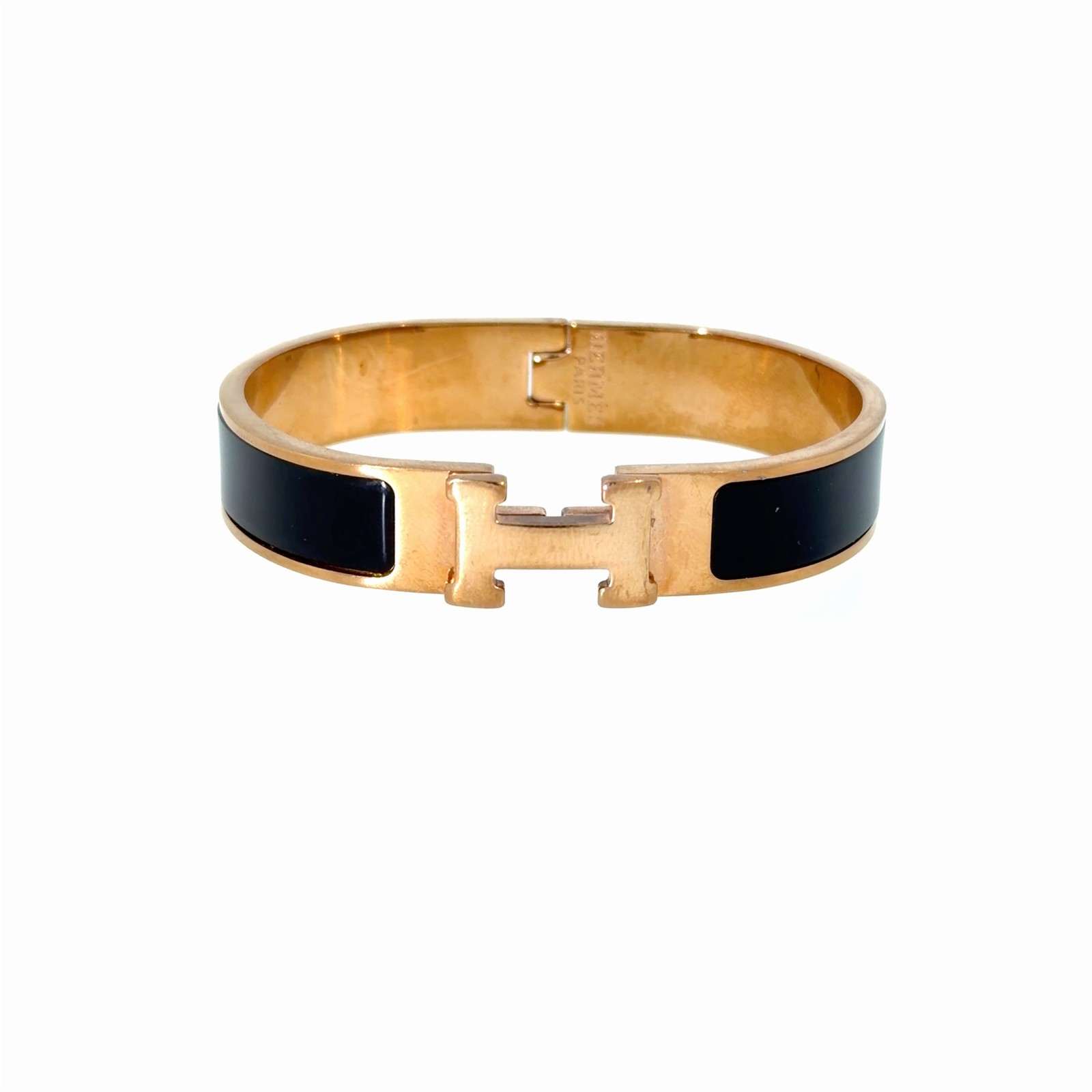 VINTAGE DESIGNER HERMES CLIC H BLACK ENAMEL BANGLE BRACELET GOLD PLATED 