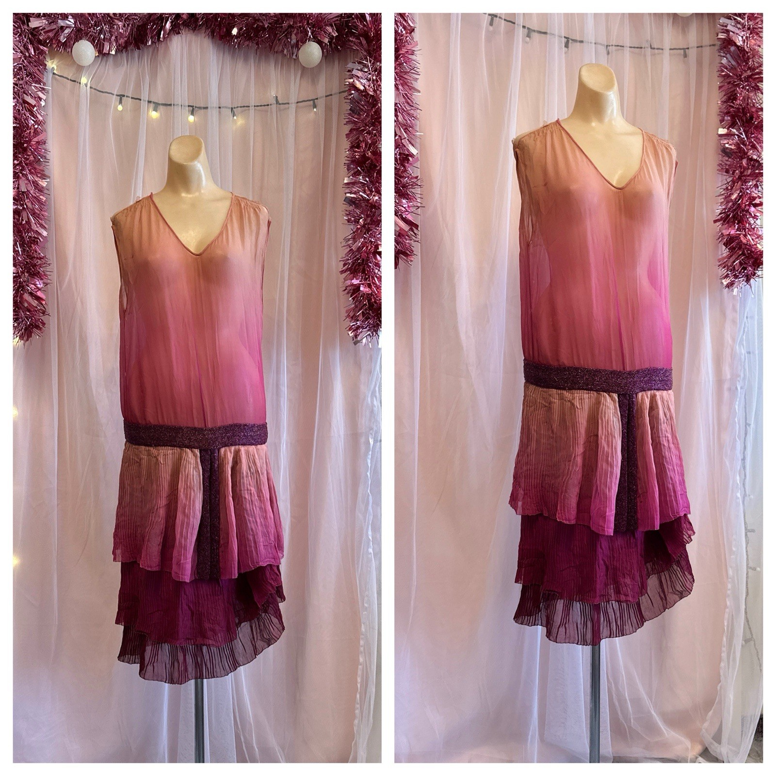 Vintage Antique 20s Flapper Dress Silk Chiffon Pink Ombre Beaded As Is XS