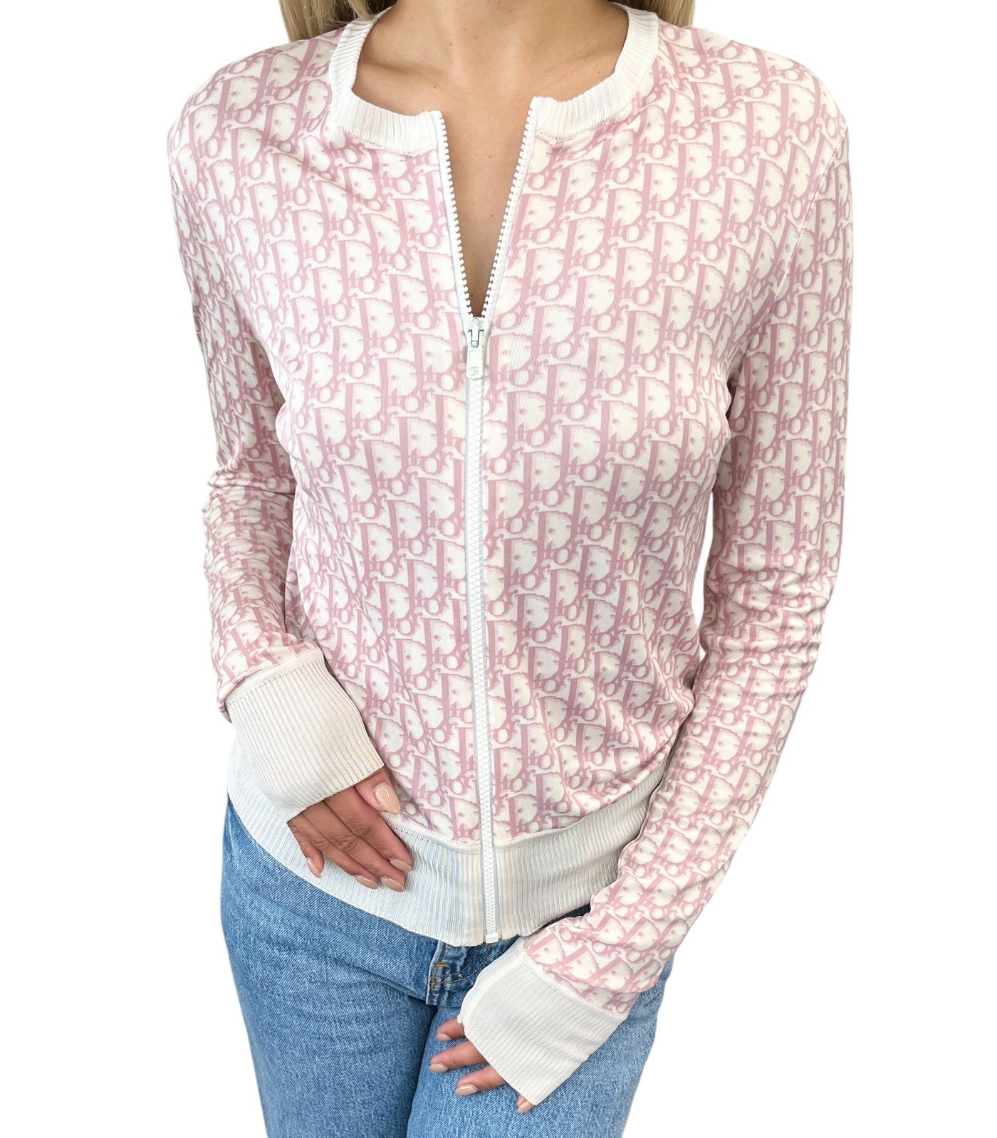 Dior Vintage 2004 Trotter Monogram Zipped Jacket #36 Pink White Viscose