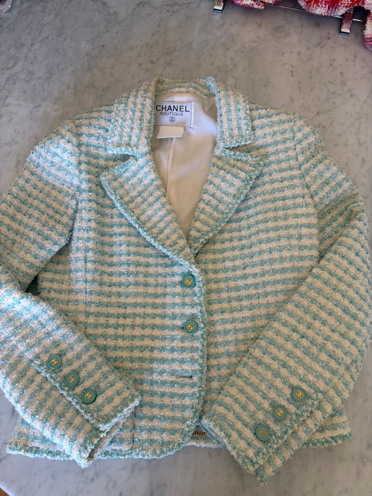 RARE VINTAGE CHANEL AQAU BLUE PLAID TWEED JACKET SIZE S OR 4 TO 6