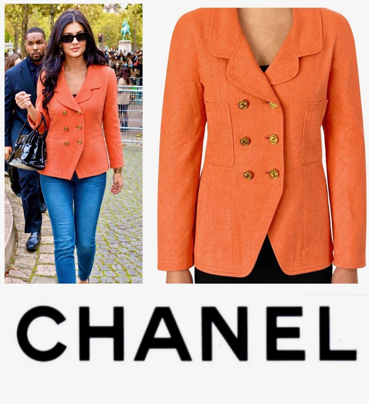 Chanel Vintage 1995 Orange Tweed 90s Jacket 40 42 44 8 10 12 Coat Logo Vtg M L