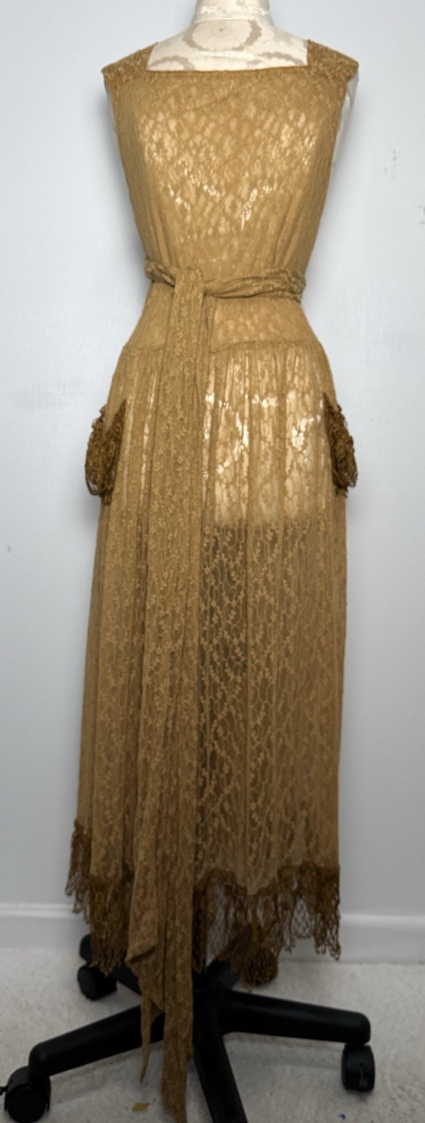 Vtg Floral Lace Sheer Maxi Dress Sexy Open Back Wrap Bohemian Resort Evening
