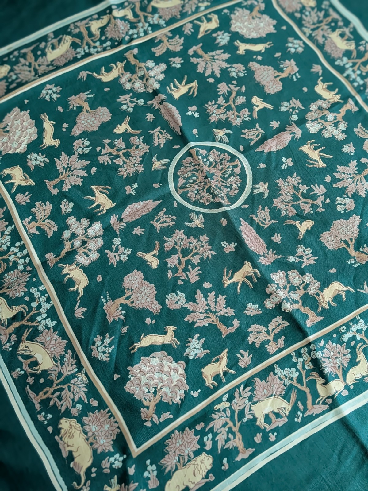Vintage Liberty London Silk Twill Scarf-27 in. Sq - Green Woodland Animal Print