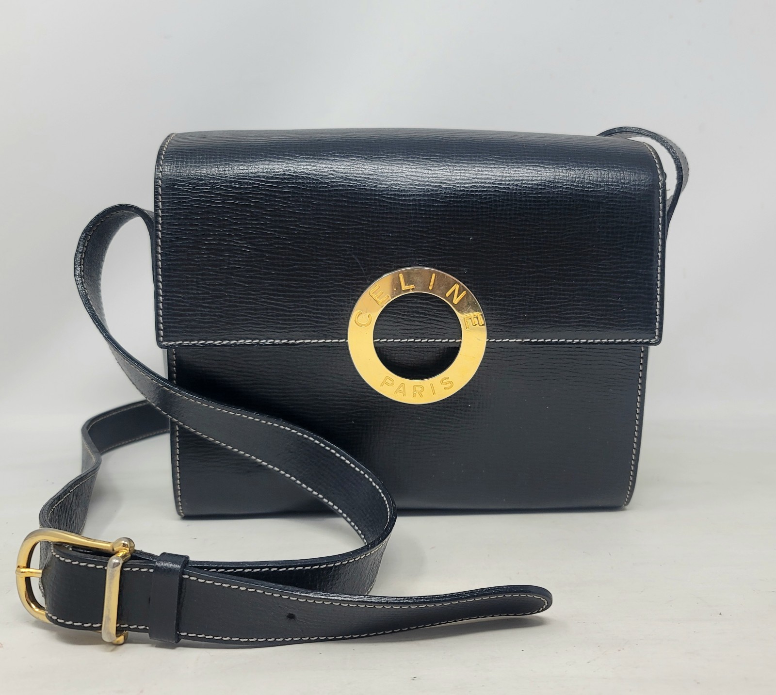 Vintage Celine Gold Ring Box Black Leather Small Crossbody Hand Bag Authentic