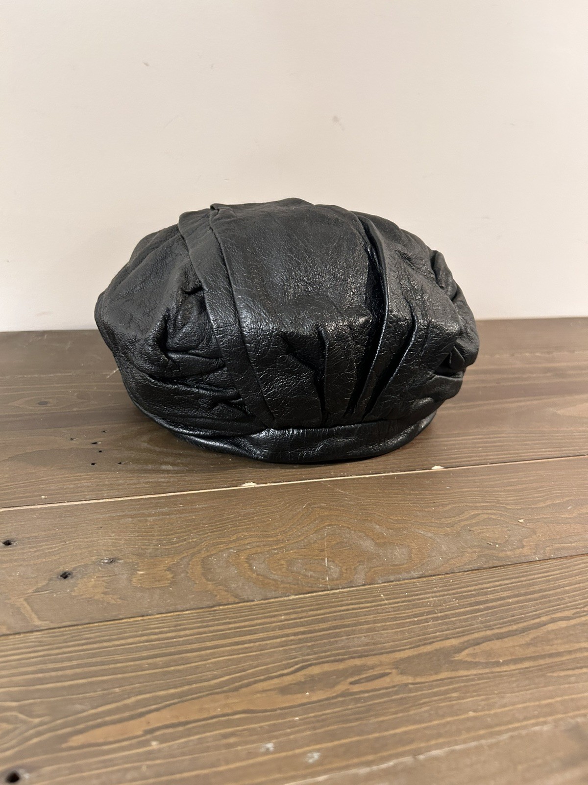Vintage Georgette Originals Black Leather Draped Beret Newsboy Hat Millinery