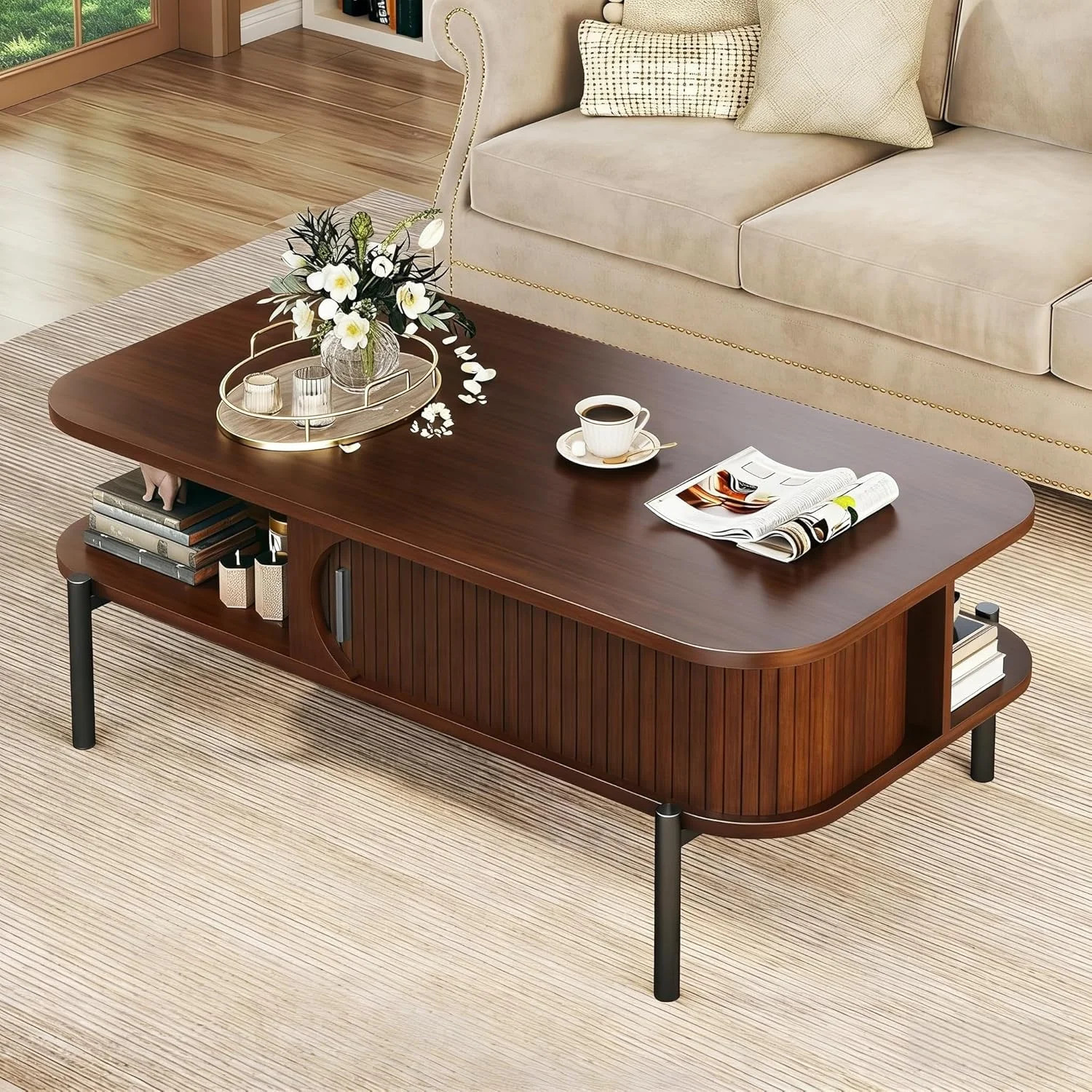 Mid Century Modern Coffee Table 39.4" Storage Fluted Sliding Door Wood Walnut