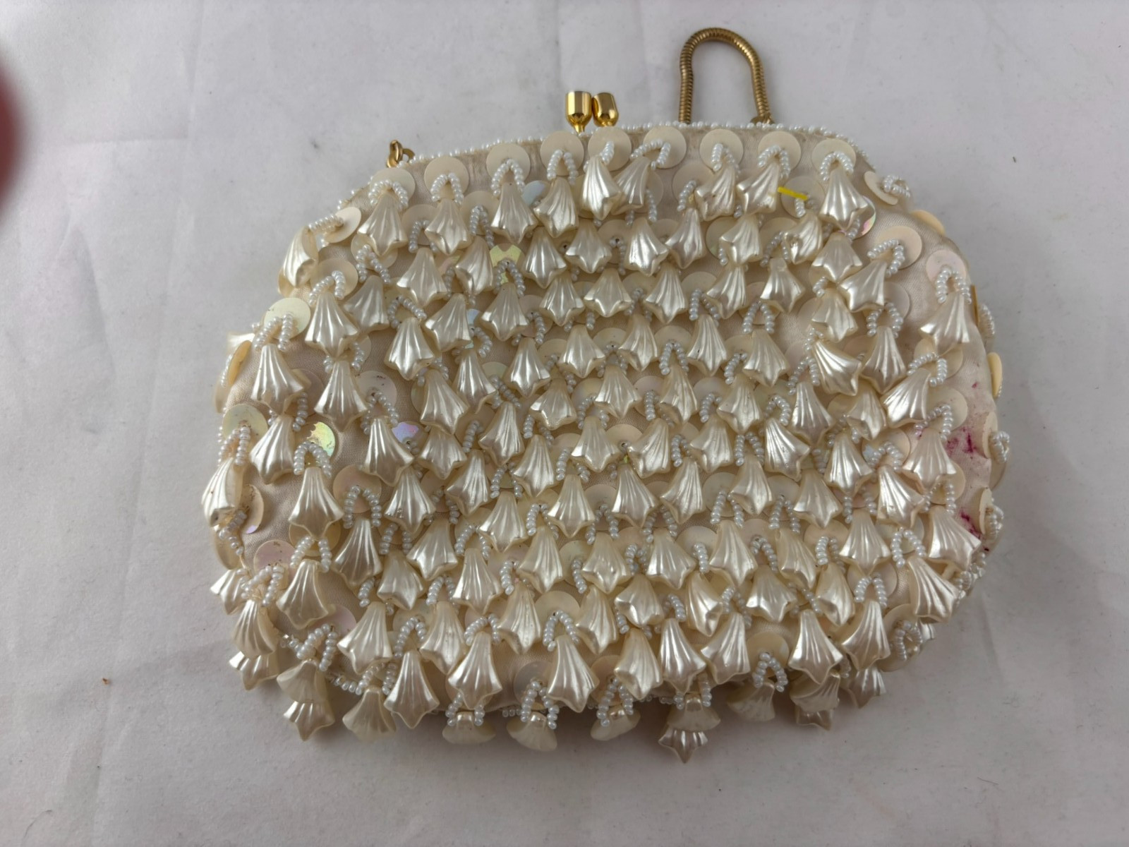 Vintage Encore Hong Kong Beaded Sequin Evening Bag Ivory Clutch Wristlet 1960s