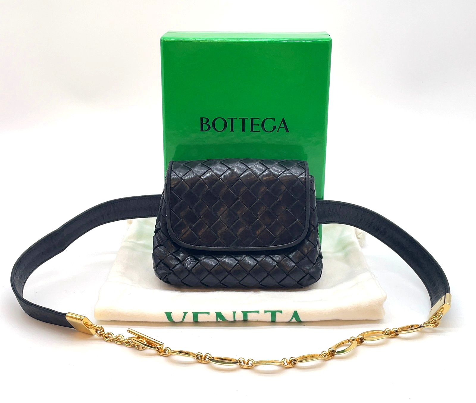 Auth BOTTEGA VENETA Intrecciato Leather Black Waist/Mini Bag/Pouch W/B SK090195