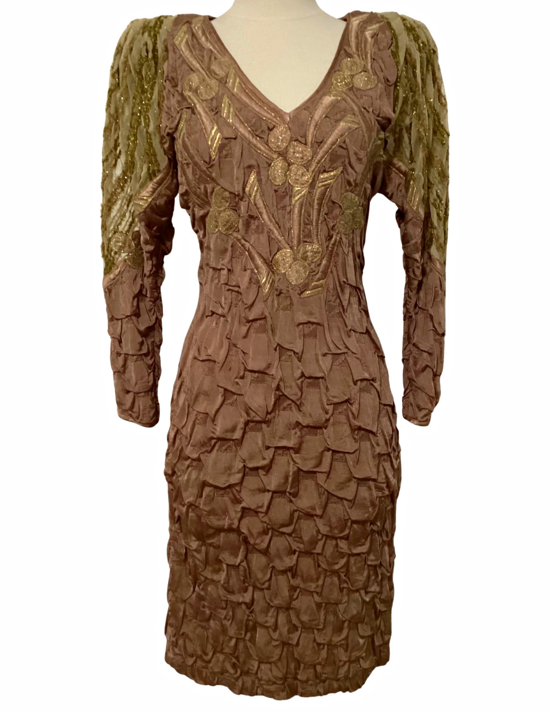 Vintage 80s Shalite Brown Ruched Embroidered Long Sleeve Cocktail Dress Size S