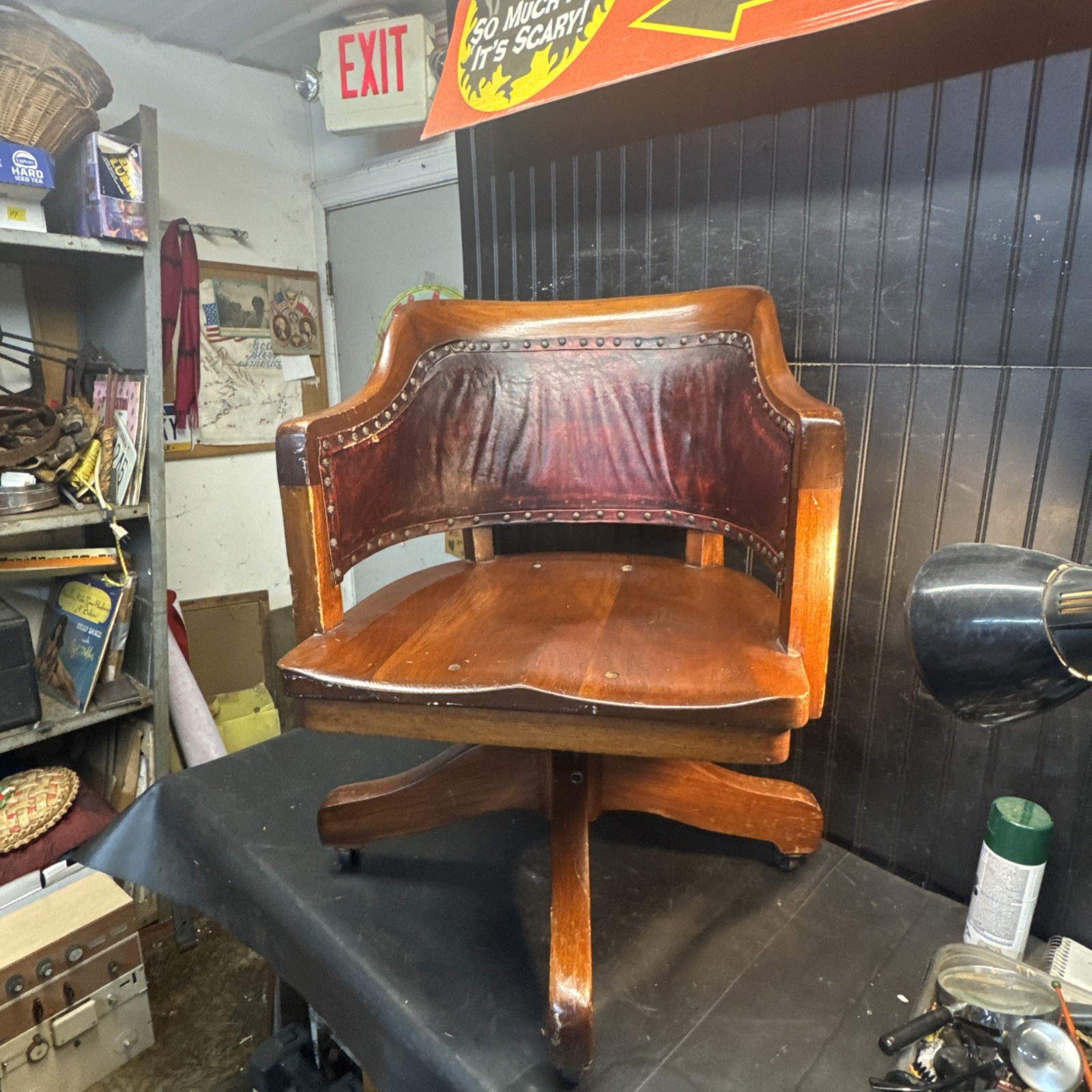 Antique Solid Oak Wood Bankers Swivel Desk Chair Leather Back Free Shipping