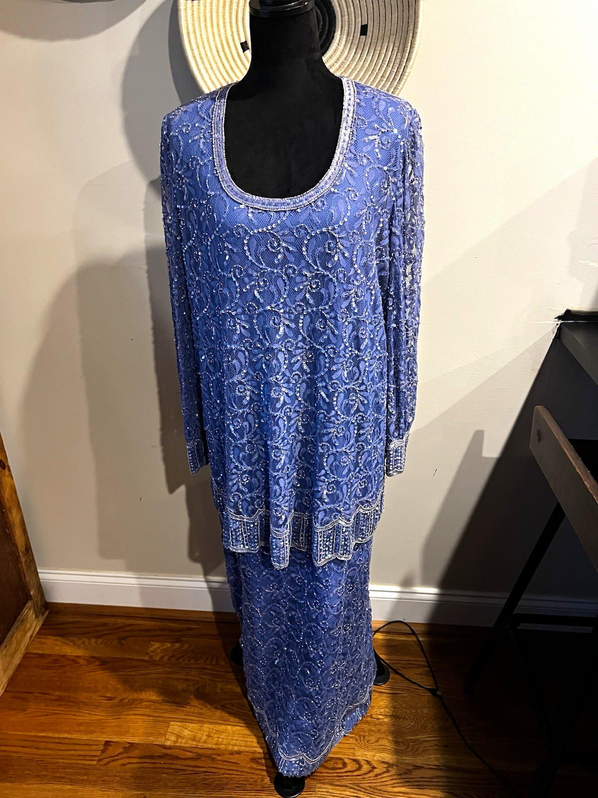 Vintage Blue Beaded Lace Maxi Long Sleeve Evening Formal Dress