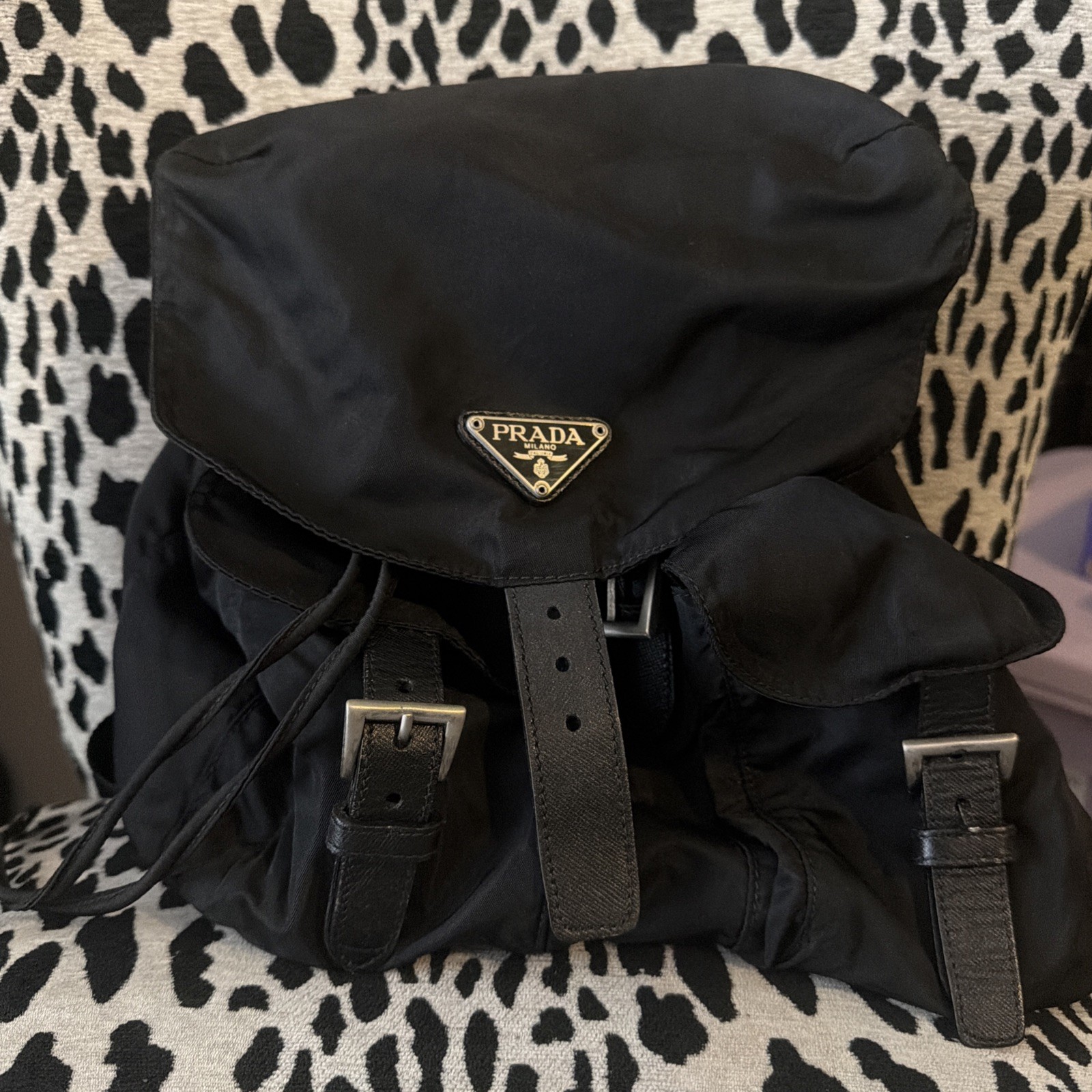 PRADA Backpack Triangle Logo Nylon Black Small Rucksack Vintage Bag