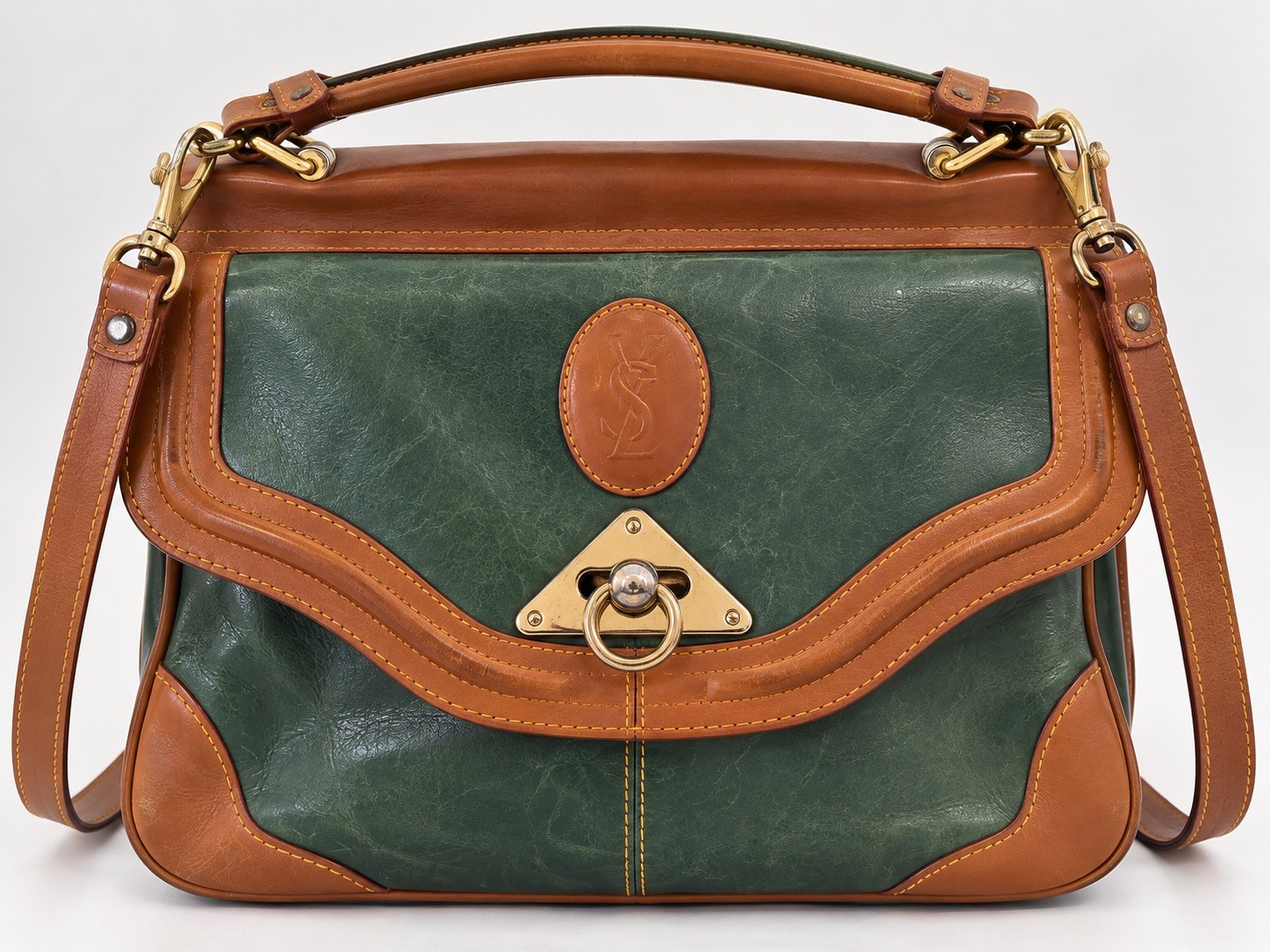 Vintage YSL Yves Saint Laurent Bi-Color Medallion Black Tan Leather Shoulder Bag