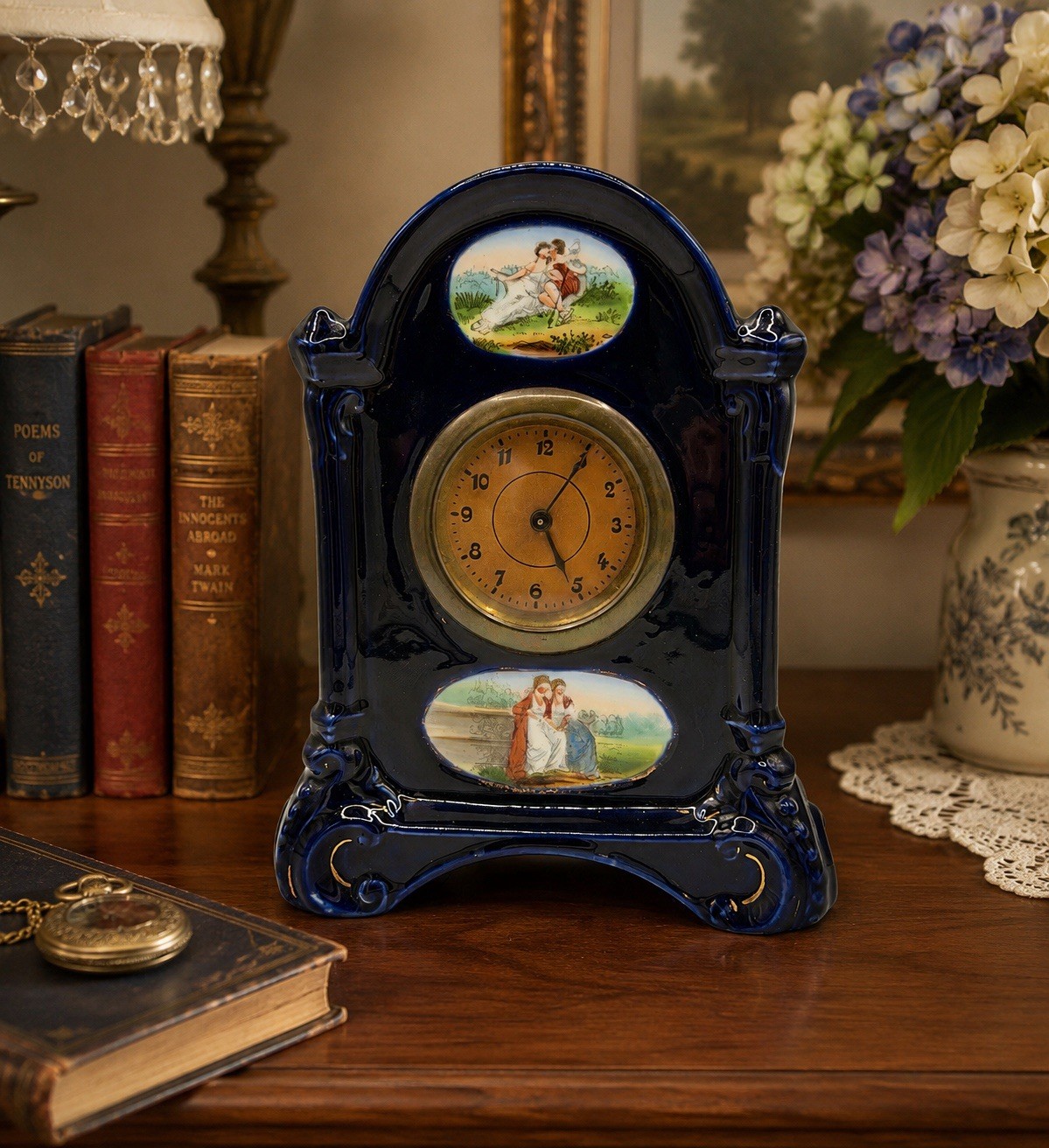 Art Deco Cobalt Blue Mantel Clock Working Wind-Up Mechanical Clock Vintage