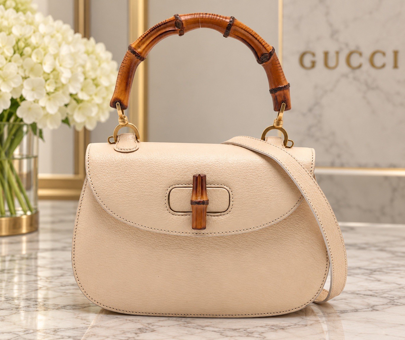 Vintage Gucci Bamboo 1947 Cream Leather Top-Handle Shoulder Bag With Mirror