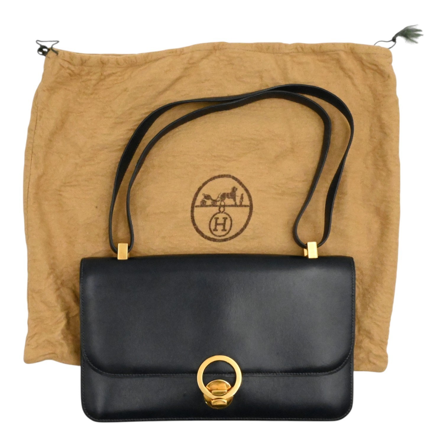 VINTAGE DESIGNER HERMES RING NAVY BLUE BOX CALFSKIN LEATHER SHOULDER BAG